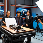 **

A vibrant, bustling international film set. Japanese and Western crew members collaborate, operating cutting-edge CG technology. The scene captures the fusion of Japanese aesthetic sensibilities with dynamic Hollywood production techniques. Focus on diversity, teamwork, and technological innovation.

**