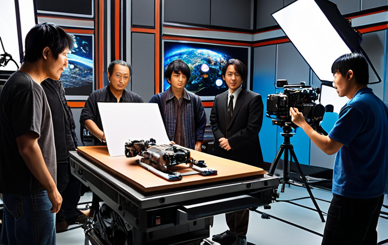 **

A vibrant, bustling international film set. Japanese and Western crew members collaborate, operating cutting-edge CG technology. The scene captures the fusion of Japanese aesthetic sensibilities with dynamic Hollywood production techniques. Focus on diversity, teamwork, and technological innovation.

**