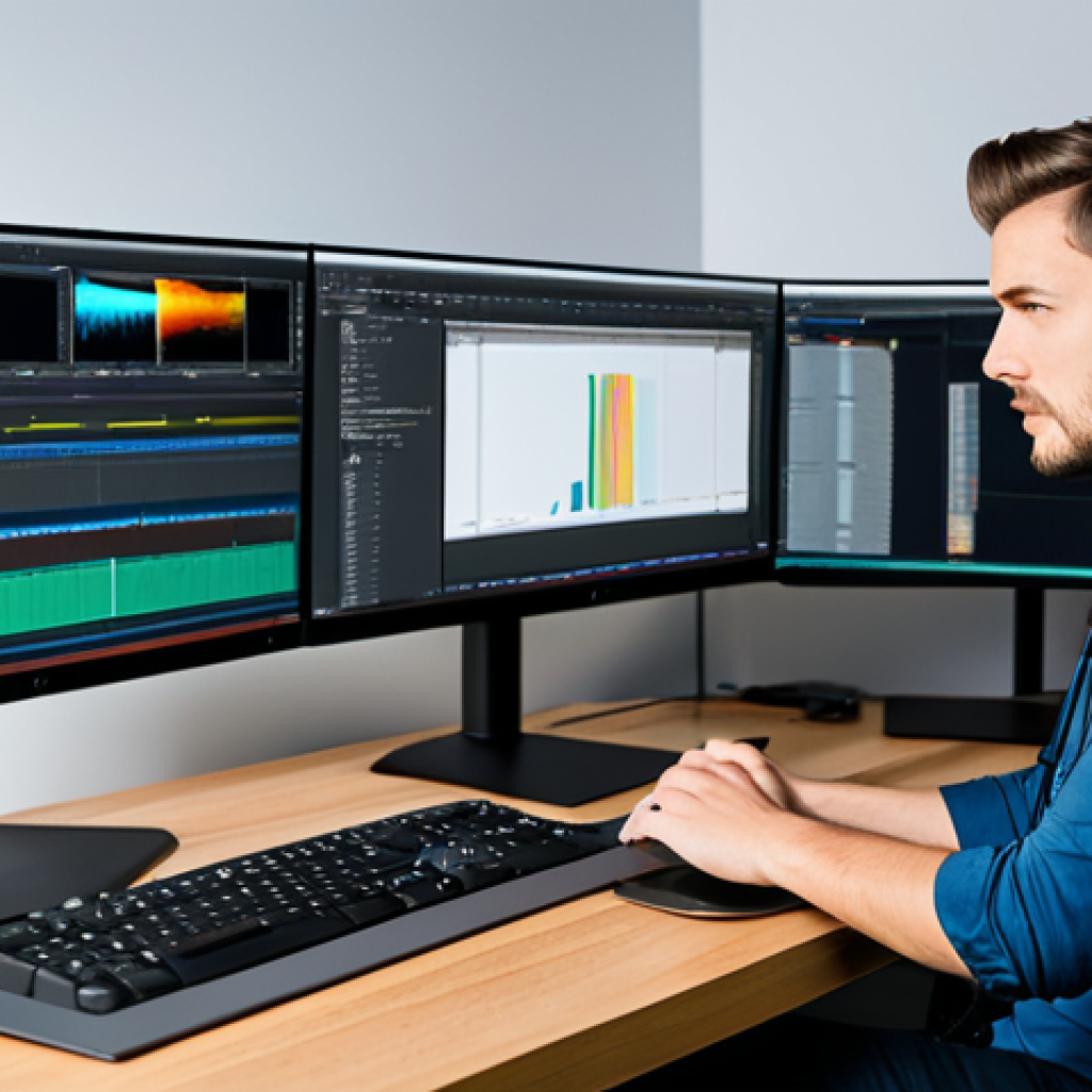A professional video editor, fully clothed in a modest business casual outfit, intensely focused on a multi-monitor workstation in a modern, well-lit editing studio. The screens display advanced video editing software interfaces, reminiscent of DaVinci Resolve or Adobe Premiere Pro, with complex timelines and color grading tools. The editor wears headphones, indicating deep concentration. The atmosphere is professional and conducive to creativity. Perfect anatomy, correct proportions, natural pose, well-formed hands, proper finger count, natural body proportions, professional dress, appropriate attire, safe for work, appropriate content, family-friendly, high quality, studio lighting.