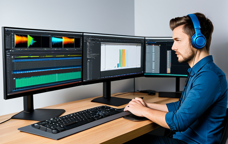 A professional video editor, fully clothed in a modest business casual outfit, intensely focused on a multi-monitor workstation in a modern, well-lit editing studio. The screens display advanced video editing software interfaces, reminiscent of DaVinci Resolve or Adobe Premiere Pro, with complex timelines and color grading tools. The editor wears headphones, indicating deep concentration. The atmosphere is professional and conducive to creativity. Perfect anatomy, correct proportions, natural pose, well-formed hands, proper finger count, natural body proportions, professional dress, appropriate attire, safe for work, appropriate content, family-friendly, high quality, studio lighting.