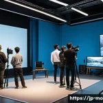 영화 제작사의 필수 프로그램 - A modern film production studio with diverse professional cameras set up on tripods and rigs, showin...