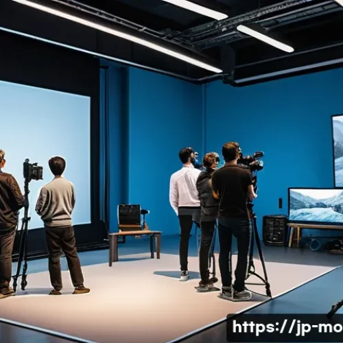 영화 제작사의 필수 프로그램 - A modern film production studio with diverse professional cameras set up on tripods and rigs, showin...
