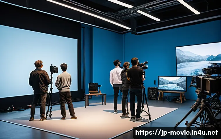 영화 제작사의 필수 프로그램 - A modern film production studio with diverse professional cameras set up on tripods and rigs, showin...