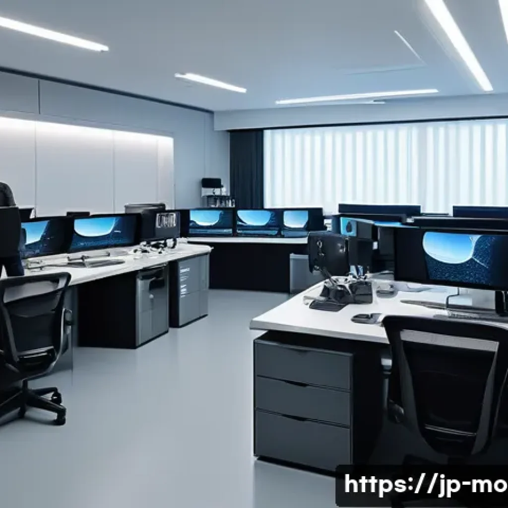 영화 제작사의 이직 성공 사례 - A modern Japanese film production office interior, showing a diverse creative team collaborating int...