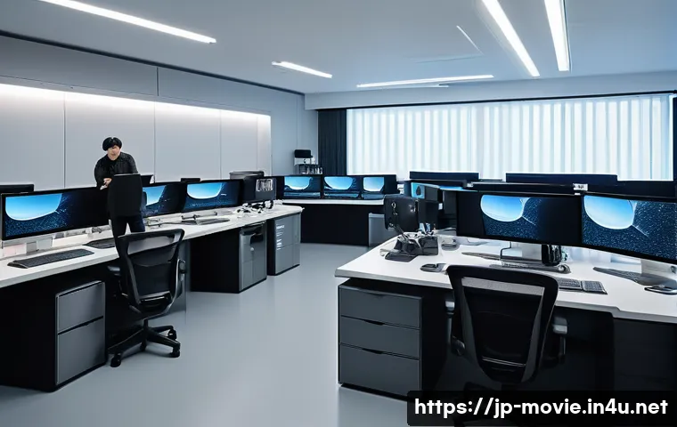 영화 제작사의 이직 성공 사례 - A modern Japanese film production office interior, showing a diverse creative team collaborating int...