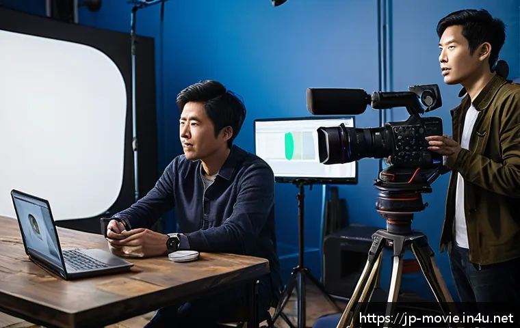 영화 제작사 인사 담당자의 팁 - A dynamic film production set bustling with diverse crew members collaborating intensely under brigh...