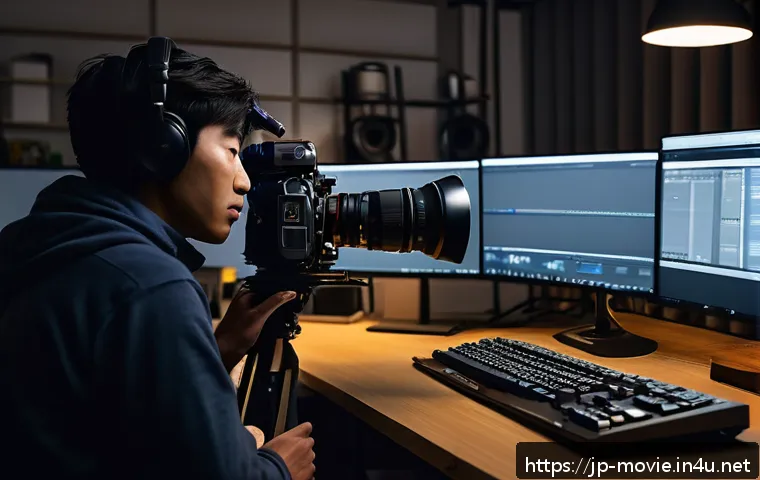 독립영화 제작사의 연봉 및 복지 - A small independent film production team working late at night in a cozy studio filled with professi...