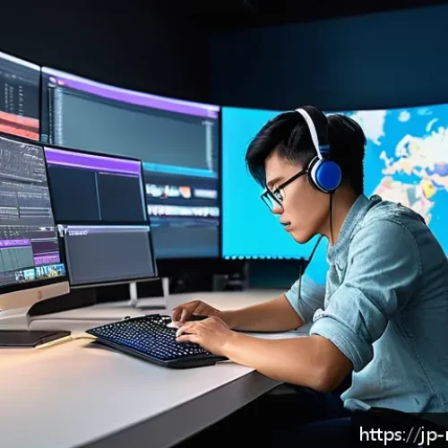 영화 제작사에서 원하는 인재상 - A modern film editing studio scene with a young Japanese professional using multiple digital editing...