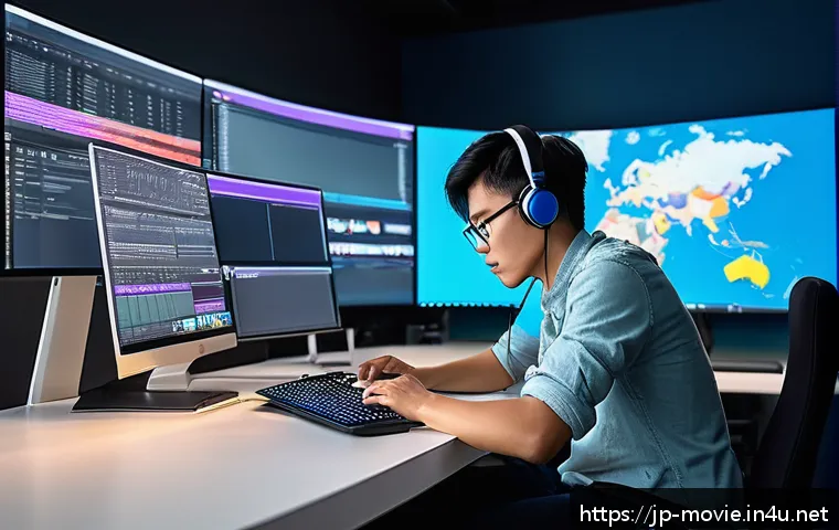 영화 제작사에서 원하는 인재상 - A modern film editing studio scene with a young Japanese professional using multiple digital editing...