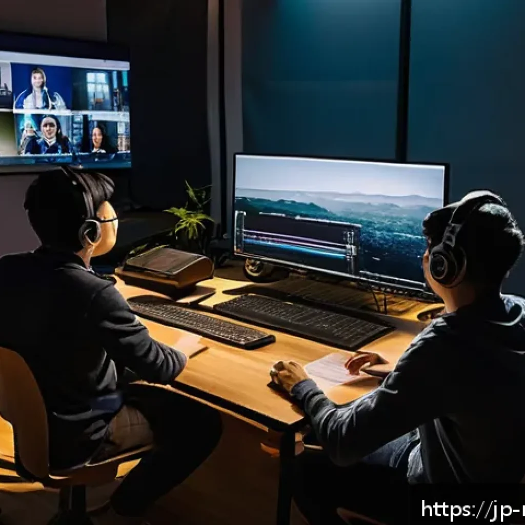 영화 제작 실습 프로그램 추천 - A modern online film production workshop scene set in a cozy home studio, featuring a diverse group ...