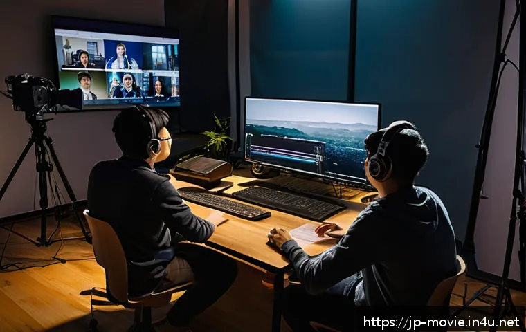 영화 제작 실습 프로그램 추천 - A modern online film production workshop scene set in a cozy home studio, featuring a diverse group ...