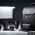 촬영 현장 장비 점검 체크리스트 - A professional photography setup in a modern studio environment, featuring a high-end DSLR camera mo...
