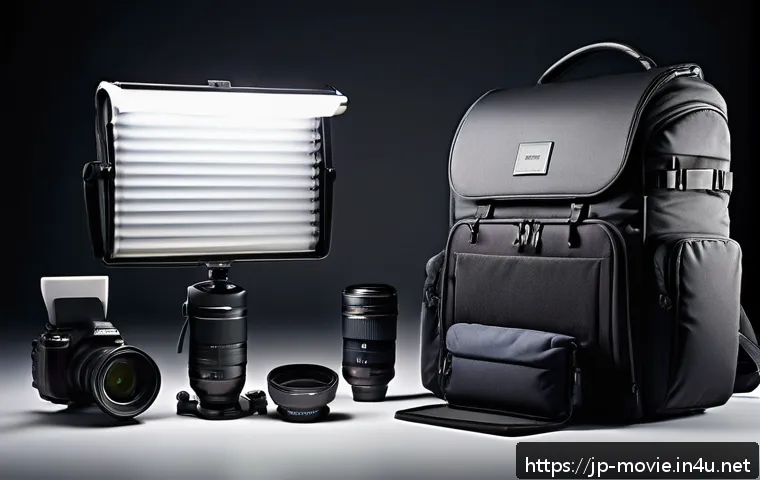 촬영 현장 장비 점검 체크리스트 - A professional photography setup in a modern studio environment, featuring a high-end DSLR camera mo...