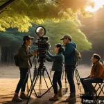 영화 제작사 경력자의 업무 사례 - A busy outdoor film set during golden hour, showing a cinematographer directing a camera crew and li...