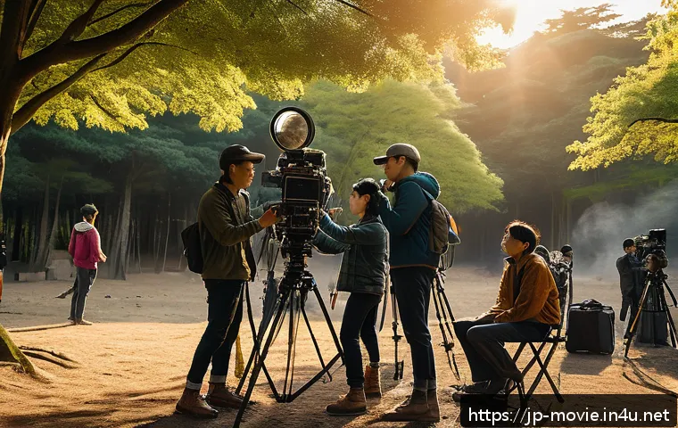 영화 제작사 경력자의 업무 사례 - A busy outdoor film set during golden hour, showing a cinematographer directing a camera crew and li...