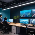 영화 제작 인재 시장 동향 - A modern film production studio interior featuring a diverse international team collaborating remote...