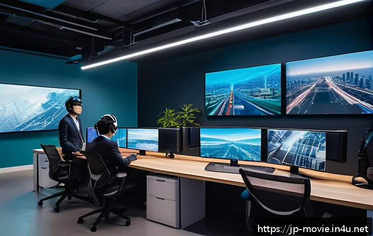 영화 제작 인재 시장 동향 - A modern film production studio interior featuring a diverse international team collaborating remote...