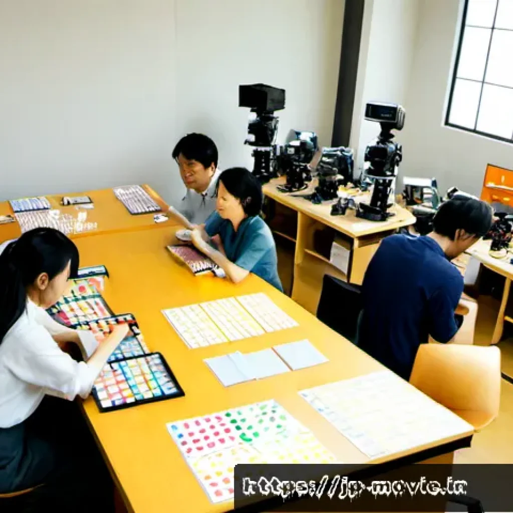 영화 제작 예산의 할당 전략 - Photorealistic cinematic overhead view of a Japanese film production office, a diverse team of produ...