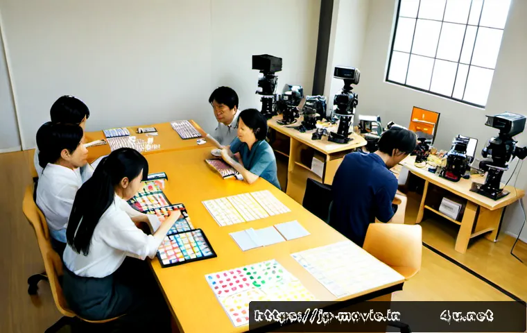 영화 제작 예산의 할당 전략 - Photorealistic cinematic overhead view of a Japanese film production office, a diverse team of produ...